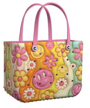 Vibrant Floral Smiley Tote Bag - Colorful Designer Handbag For Everyday Joyful Style