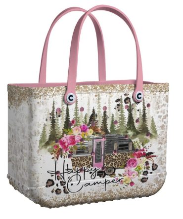 Happy Camper Tote Bag - Stylish Leopard Print With Floral & Forest Design - Perfect For Travel And Outdoors