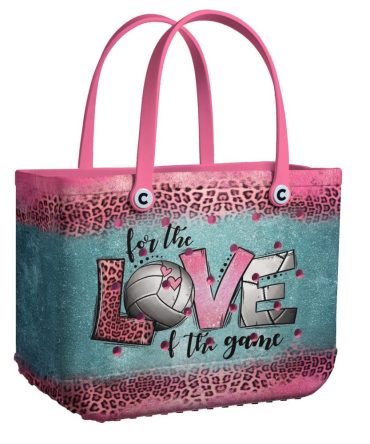 Volleyball Lover'S Tote Bag - Stylish Pink & Teal Leopard Print With Heart Design - Perfect For Game Day!