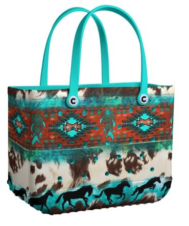 Stylish Tribal Print Tote Bag With Turquoise Handles – Perfect For Boho Chic Fashion
