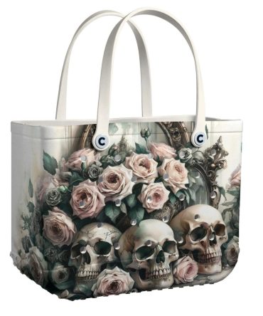 Chic Gothic Tote Bag With Skulls & Roses Design – Stylish Carryall For Everyday Use