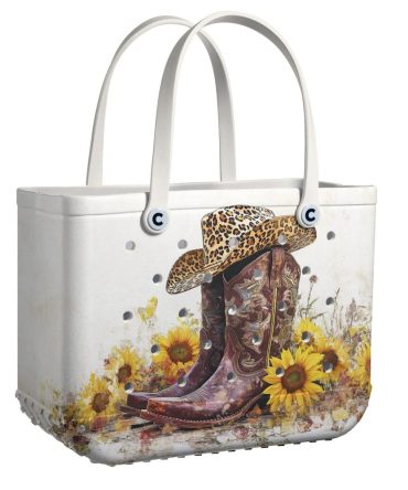 Chic Western Tote Bag - Cowboy Boots & Sunflowers Design With Leopard Hat Accent