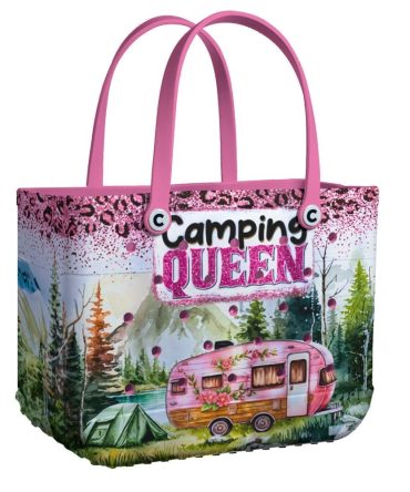 Camping Queen Tote Bag – Stylish Outdoor Adventure Essential With Pink Glitter Design