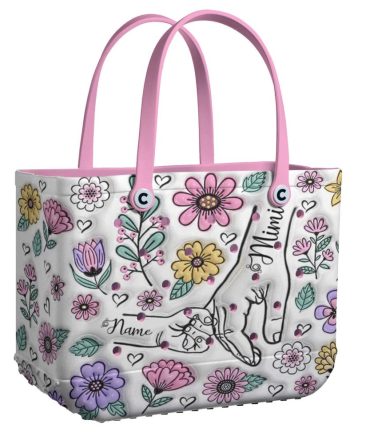 Personalized Floral Tote Bag With Pink Handles – Custom Name Design, Perfect Gift!