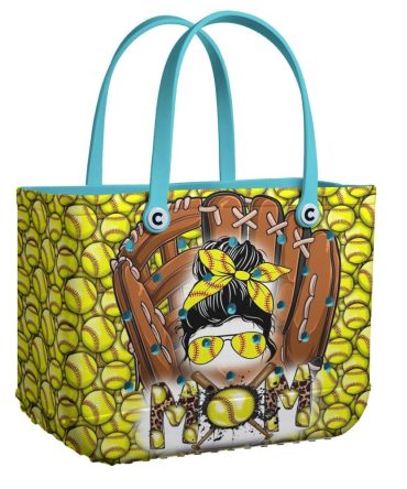 Stylish Softball Mom Tote Bag - Trendy Sports Design With Blue Handles - Perfect Gift For Baseball Lovers