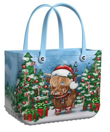 Festive Highland Cow Tote Bag - Christmas Candy Cane Design, Perfect Holiday Gift