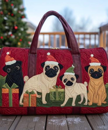 Merry Snuffles Quilted Duffle Bag - Festive Cute Animal Quilted Travel & Overnight Bag, Christmas Weekender Carry-On