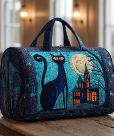 Midnight Cats Quilted Duffle Bag — Quilted Cat Print Weekender Travel, Gym & Overnight Carry-On with Moon & Stars Night Design