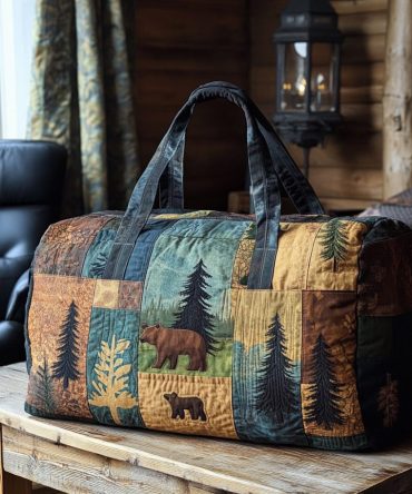 Midnight Forest Quilted Duffle Bag - Padded Travel Weekender with Moonlit Pine Print, Carry-On Overnight Gym Bag