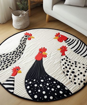 Monochrome Roosters Quilted Round Mat