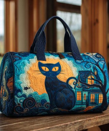 Moonlit Cat Quilted Duffle Bag — Celestial Cat Travel & Gym Overnight Carry-On, Quilted Weekend Bag for Cat Lovers