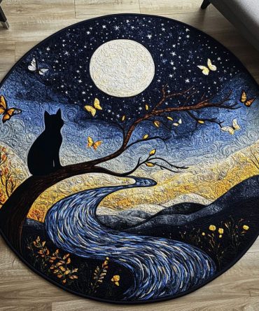 Moonlit Feline Quilted Round Mat