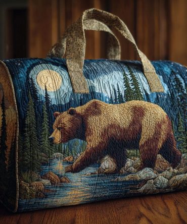 Moonlit Grizzly Quilted Duffle Bag - Quilted Weekender Travel Bag for Camping, Gym & Overnight Trips | Rustic Bear Moon Travel Duffle