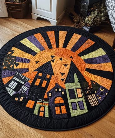 Moonlit Haunted Town Quilted Round Mat