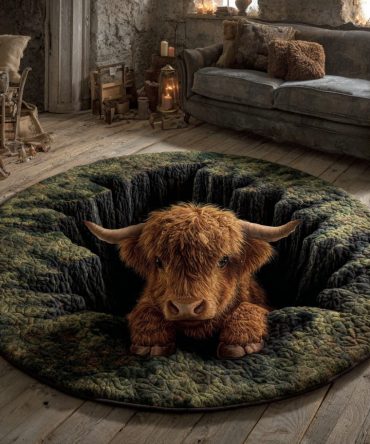 Moss Highland Cow Quilted Round Mat