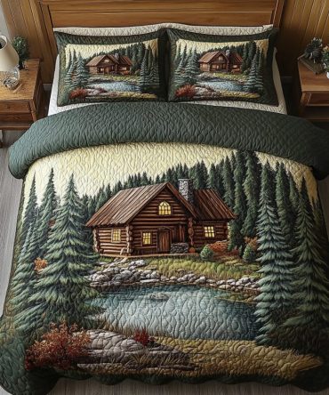Mountain Log Cabin 3-Piece Quilted Bedding Set
