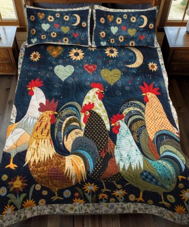 Night Roosters 3-Piece Quilted Bedding Set