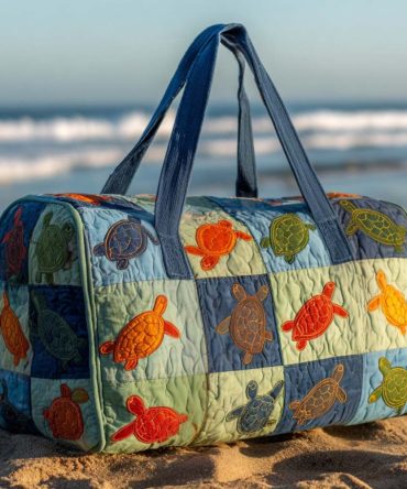 Patchy Turtles Quilted Duffle Bag – Quilted Turtle Print Travel Bag for Beach, Gym, Weekend Getaway & Carry-On