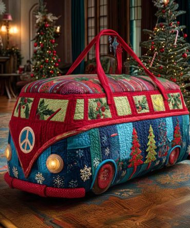 Peaceful Xmas Van Quilted Duffle Bag - Retro Camper Christmas Travel Weekender, Quilted Holiday Overnight & Gym Carry-All
