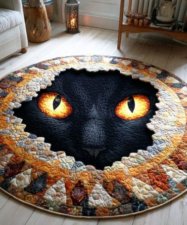 Peeking Cat Moon Quilted Round Mat