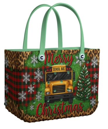 Merry Christmas Tote Bag - Festive School Bus & Tree Design, Perfect Holiday Gift!