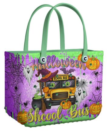 Spooky Halloween School Bus Tote Bag - Festive Trick Or Treat Carryall With Ghosts & Pumpkins