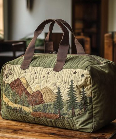 Pine Meadow Quilted Duffle Bag – Quilted Weekender Travel Bag with Forest Meadow Print, Carry-On & Gym Overnight