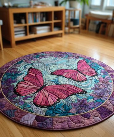Pink Butterfly Swirls Quilted Round Mat