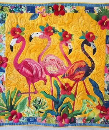Pink Flamingo Delight Quilted Blanket