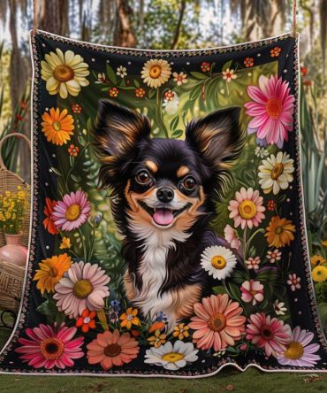 Playful Chihuahua Flowers Quilted Blanket