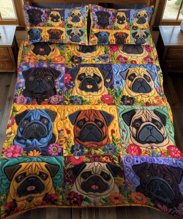 Playful Pugs 3-Piece Quilted Bedding Set