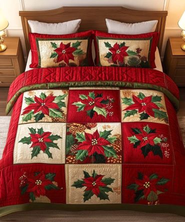 Poinsettia Elegance 3-Piece Quilted Bedding Set