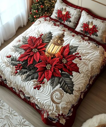Poinsettia Warmth 3-Piece Quilted Bedding Set