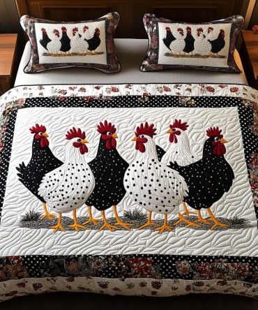 Polka Chickens 3-Piece Quilted Bedding Set