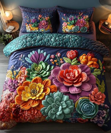 Prickles And Blooms 3-Piece Quilted Bedding Set