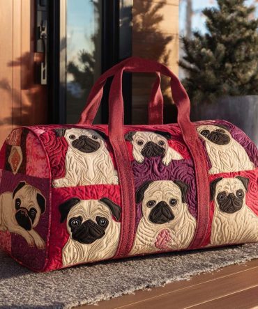 Puggy Wiggles Quilted Duffle Bag — Cute Pug Print Weekender & Gym Travel Bag, Quilted Overnight Carry-On for Dog Lovers