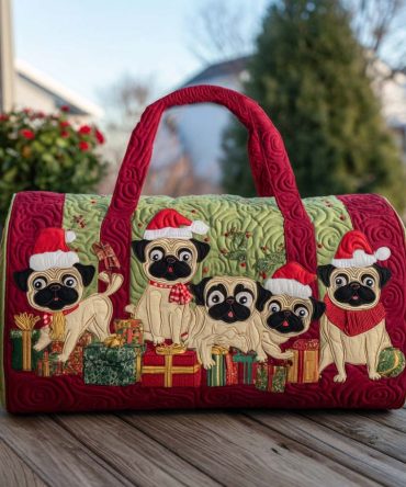 Puglet Noel Quilted Duffle Bag — Cute Christmas Pug Travel Duffle, Holiday Overnight & Gym Bag for Dog Lovers