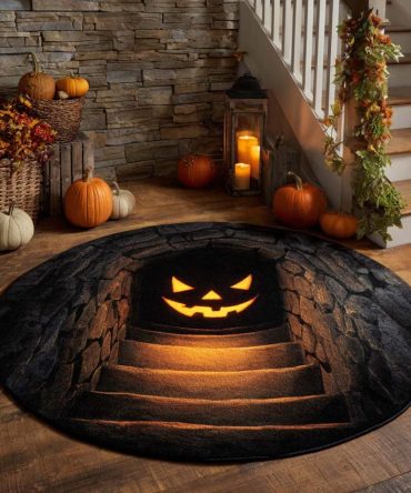 Pumpkin Stair Descent Quilted Round Mat