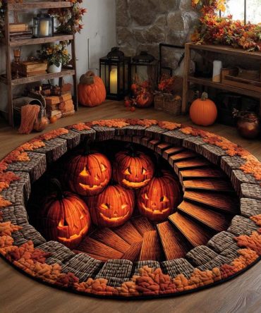 Pumpkin Staircase Illusion Quilted Round Mat
