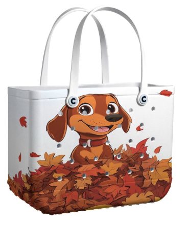 Bucket Tote Bag, Limited Edition Bogg Bag, Beach Bag Puppy With A Pile Of Autumn Leaves