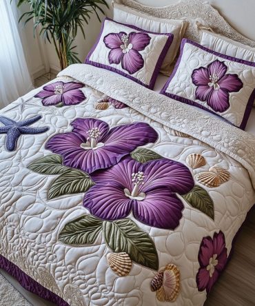 Purple Hibiscus 3-Piece Quilted Bedding Set
