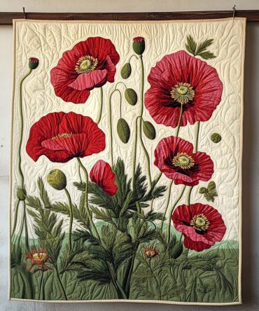 Radiant Red Poppies Art Quilt Hanging