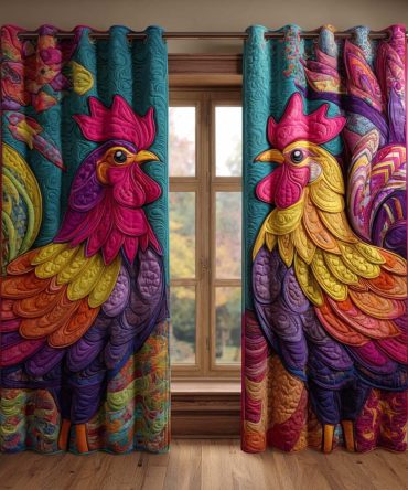 Rainbow Feather Rooster Quilted Curtains