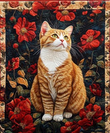 Red Poppy Cat Quilted Blanket