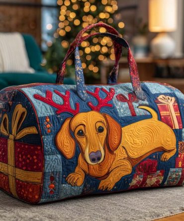 Reindeer Pup Quilted Duffle Bag — Cute Christmas Holiday Weekender & Travel Carry-On, Quilted Gym Bag for Kids & Adults