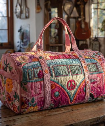Rolling Horizon Quilted Duffle Bag - Quilted Travel & Gym Carry-On with Retro Sunset Landscape Design for Weekend Getaways