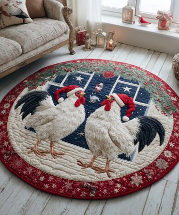 Roosters Winter Quilted Round Mat