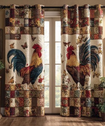 Rustic Rooster Pair Quilted Curtains