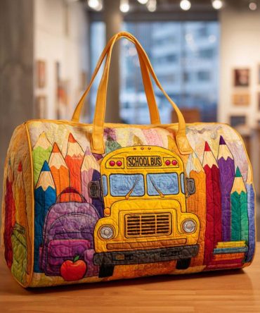 School Days Quilted Duffle Bag – Nostalgic School-Print Quilted Overnight, Travel & Gym Bag