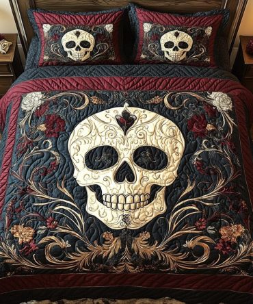 Shadowed Roses Skull 3-Piece Quilted Bedding Set